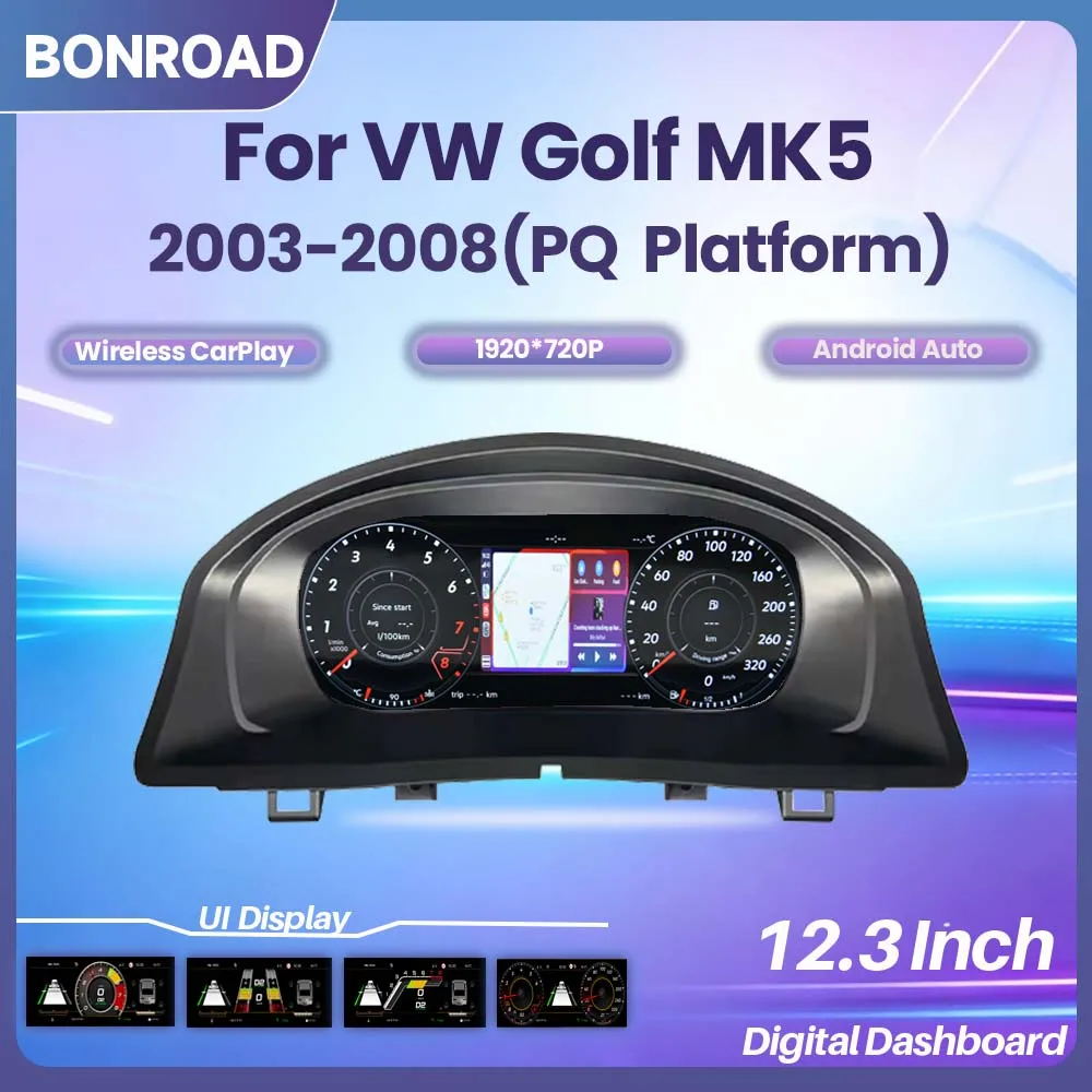 Panel de Instrumentos Digital LCD BONROAD para Volkswagen Golf 5 MK5 2003 2004 2005 2006 2007 2008, Panel de Instrumentos de Alta Definición con CarPlay Inalámbrico y Android Auto, Actualización Plug-and-Play, Visualización de Datos de Conducción en Tiempo Real 1