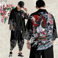 Two-piece Suit Oversize XXS-6XL Japanese Style Fashion Kimono And Pants Set Men Cardigan Blouse Haori Obi Asian Clothes 2