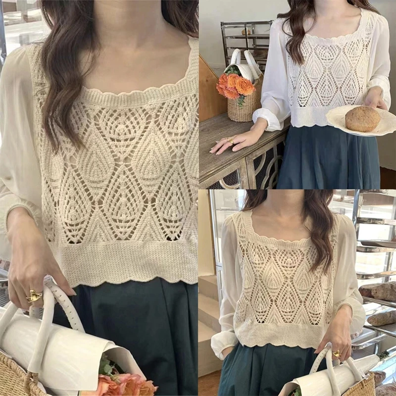 

Crochet Geometric T-Shirt Hollow Out Knit Square Neck Splicing Puff Long Sleeve Crop Top Blouse for Women N7YF