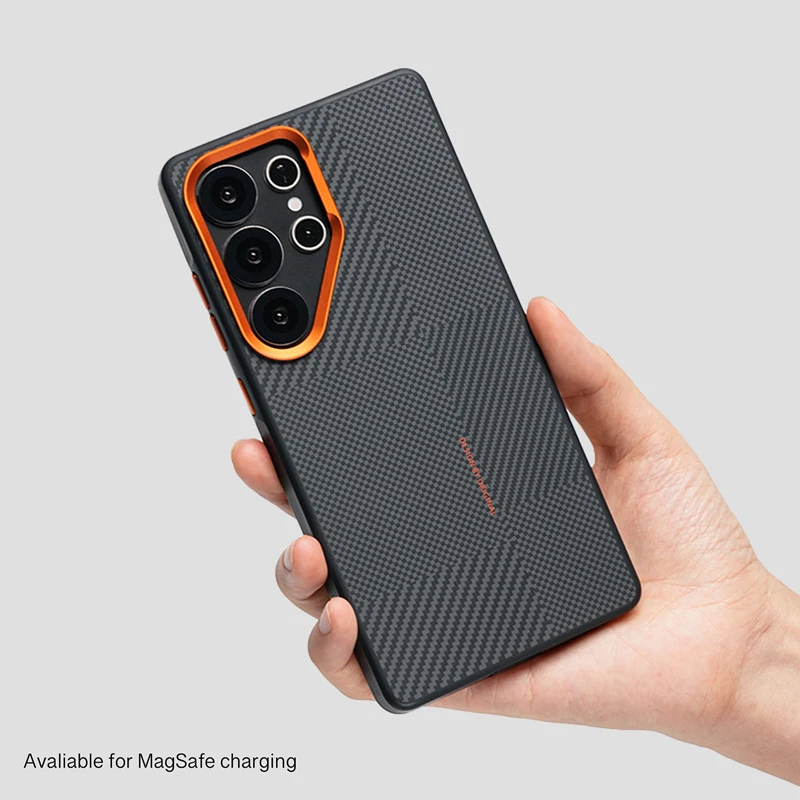 Magnetic Alloy Lens Phone Case with Carbon Fibre Texture and Wireless Charging Compatibility