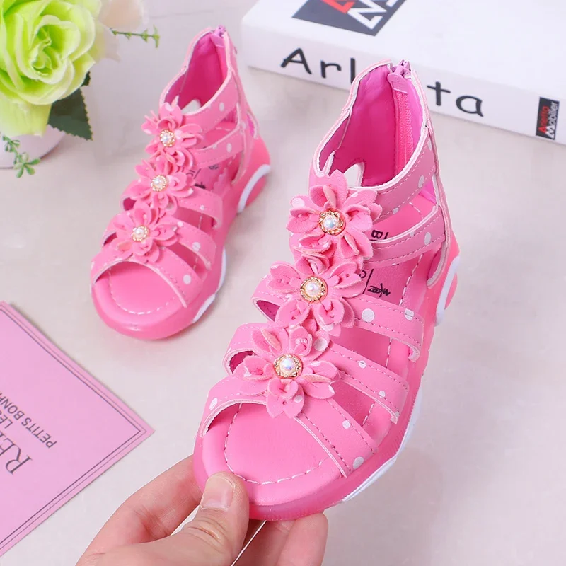 Girls Sandals Flowers Kids Roman Sandals Children Gladiator Shoes Soft Leather With Dots Zipper Pearl Beading Toddler 1-12 Years