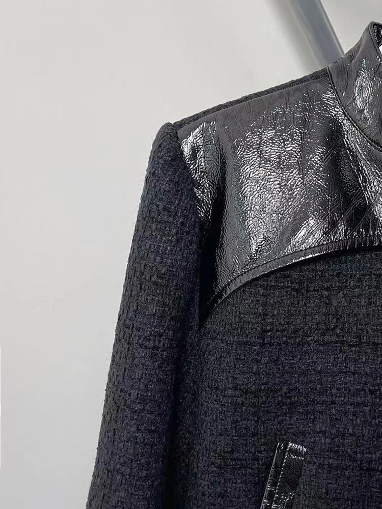 

Autumn Winter New Fashion Leather Splicing Tweed Jacket Women Casual Stand Collar Single-breasted Short Coat Ladies 2023