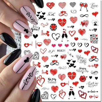 매니큐어용 3D 네일 아트 스티커, 블랙 레드 하트, 키스 립, 러브 애로우, 발렌타인 데이, 글자 접착 네일 데칼 슬라이더