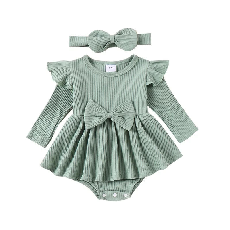 

Newborn Baby Girls Clothes Ruffle Long Sleeve Solid Ribbed Romper Dress with Headband Fall Winter Outfits