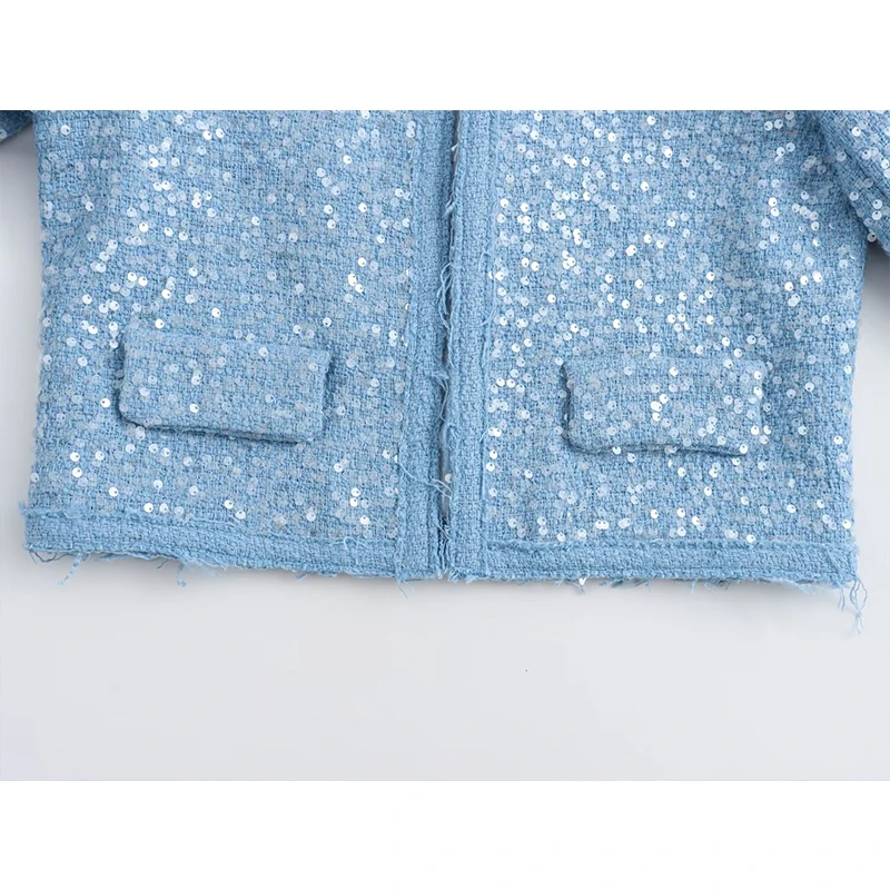 Casual Chic Women Jacket Blue Sequins O-Neck Short Coats New Fashion 2025 Autumn Holiday Elegant Jackets Long Sleeve Outerwear