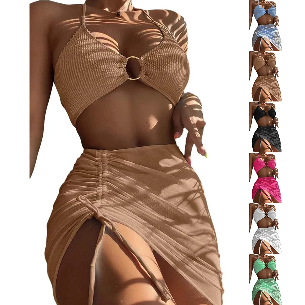 Bathing Suit Bikini Set Daily Leisure Elastic Halterneck Lace-up Metal Ring Solid Color Three-Piece Fashionable
