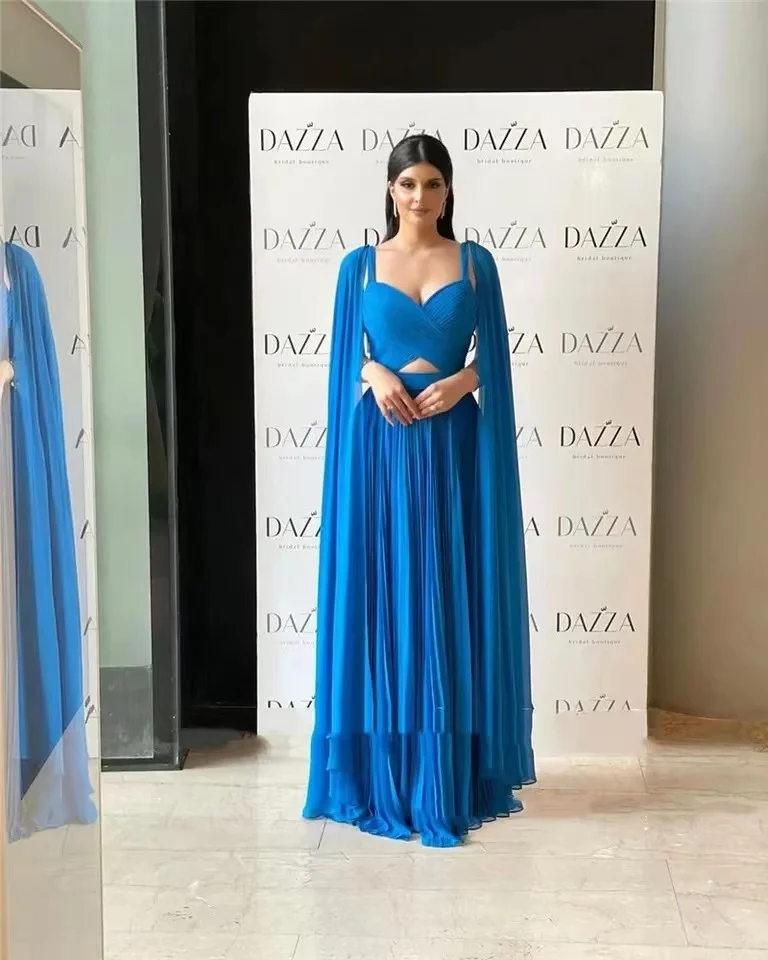 

Carolina Blue Chiffon A Line Formal Evening Dresses Detachable Long Cape Sleeves Strap Saudi Arabic Women Prom Gowns Party Dress
