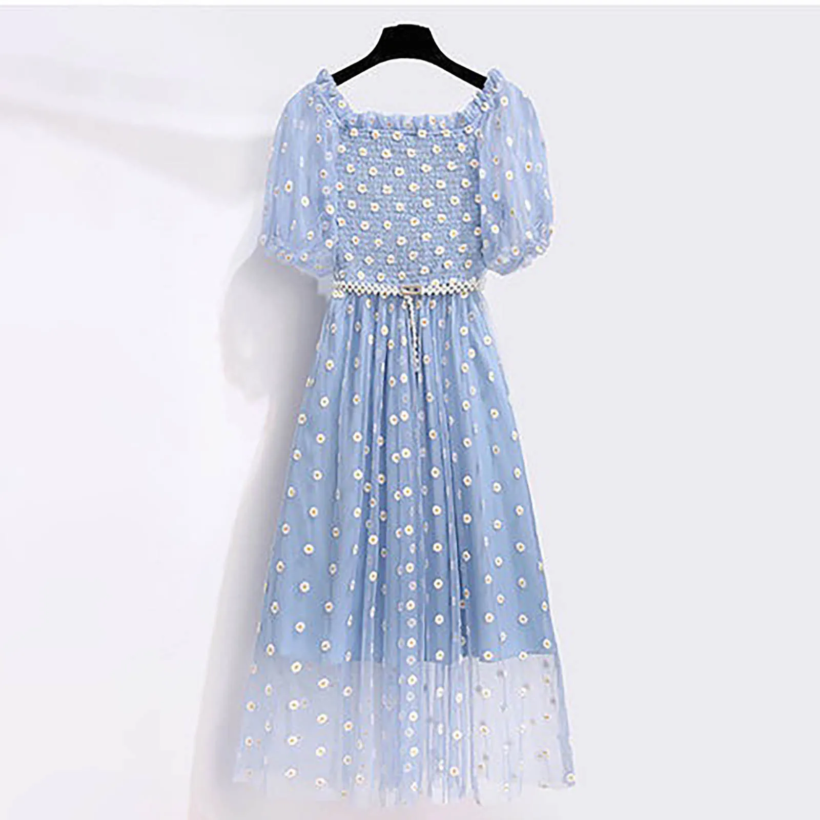 

Women's Summer Daisy Bubble Sleeve Dress Ladies Casual Loose Fit Lace Patchwork A Line Maxi Dress Daily Holiday Party Dressy