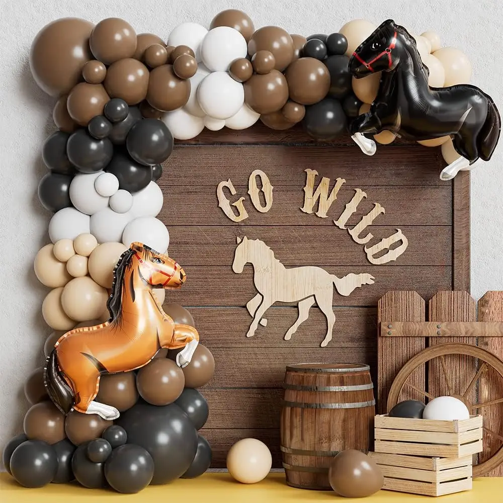 

126pcs Western Cowboy Party Horse Racing Balloons Arch Garland Black White Brown Balloons for Farm Go Wild Birthday Party Decors