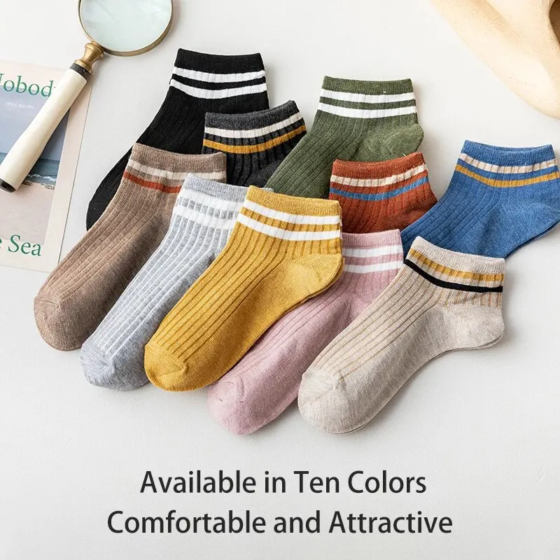 10 Pairs of Women's Spring and Summer Four-seasons Striped Solid Color Simple Fashionable and Comfortable School Students Socks 2