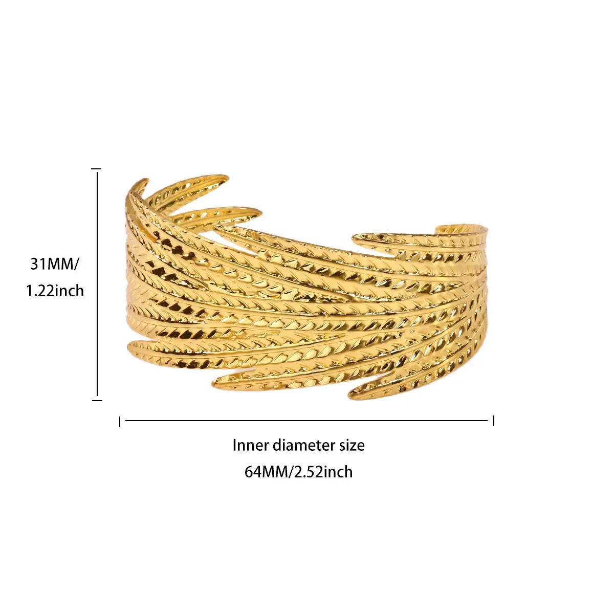 Geometric Bold Feather Cuff Bracelet For Women Gold Color Stainless Steel