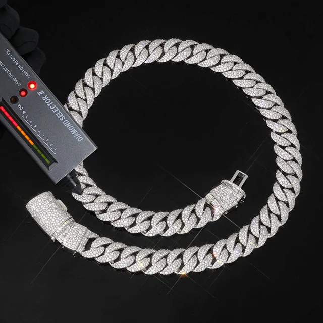ESKEEM Mens 14mm 925 Silver VVS Moissanite Cuban Link Chain with Long Clasp Pass Diamond Test Iced Out Necklace Hip Hop Jewelry