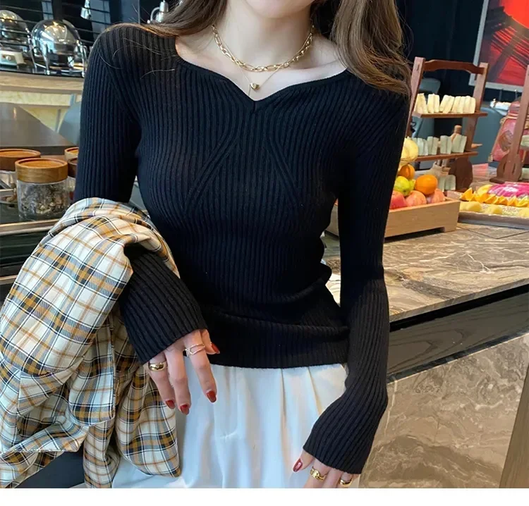 Women Slim V-Neck Bottoming Sweater Autumn Winter For Women Casual Pullovers Long Sleeve Knit Warm Office Sweater