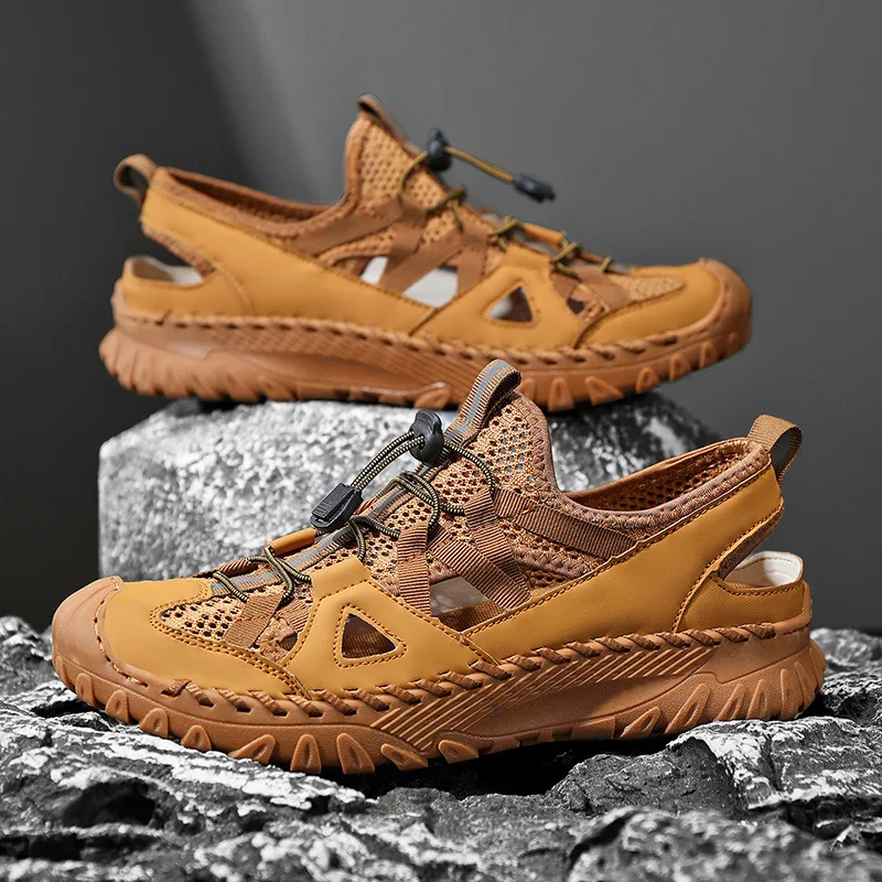 Outdoor Casual Breathable Running Shoes Men's Anti Slip Summer Sandals Comfortable Leather Upper Rubber Sole Lightweight