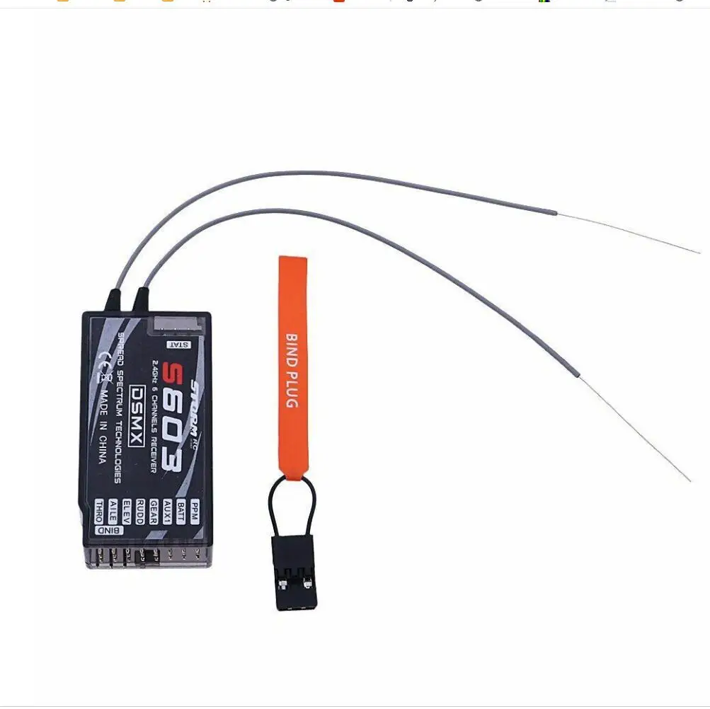 Récepteur S603 2.4GHz 6 canaux avec antenne longue portée, vue de face montrant les connecteurs