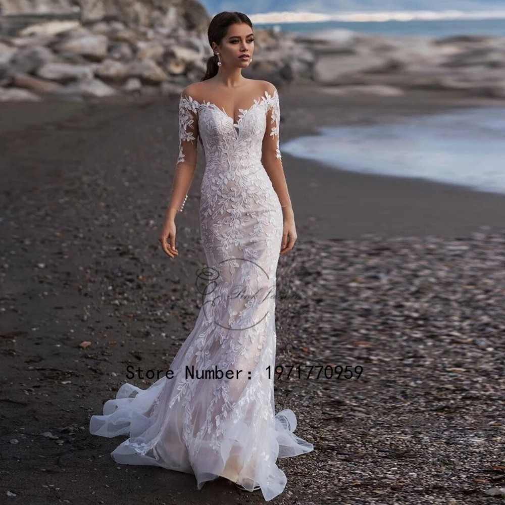 

Beach V-Neck Long Sleeves Mermaid Tulle Wedding Dress Custom Made Elegant Lace Appliques Illusion Back With Button Bridal Gown