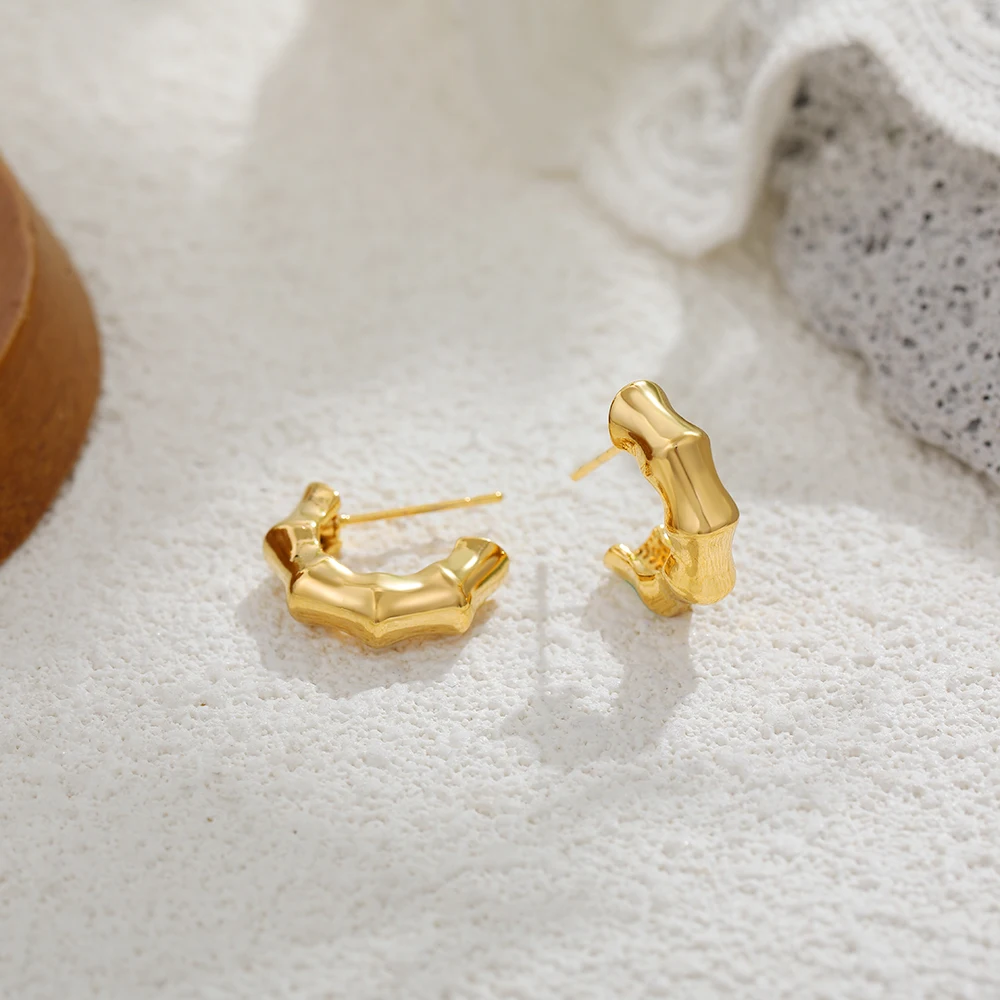 18K Gold Plated Round Bamboo Earrings Hooks Designer Style Circle Huggie Hoop Earring Stainless Steel Vintage Jewelry Party Gift