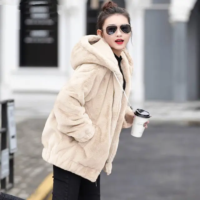 Oversized Hooded Faux Fox Fur Coat Winter Fashion Fake Fur Jacket Long  Sleeve Thick Stitching Loose Outerwear F2036 | lupon.gov.ph