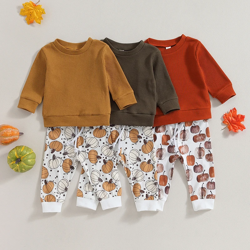 

2023-07-30 Lioraitiin 0-3years Toddler Girls Halloween Pants Sets Solid Long Sleeve Tops Pumpkin Print Drawstring Pants