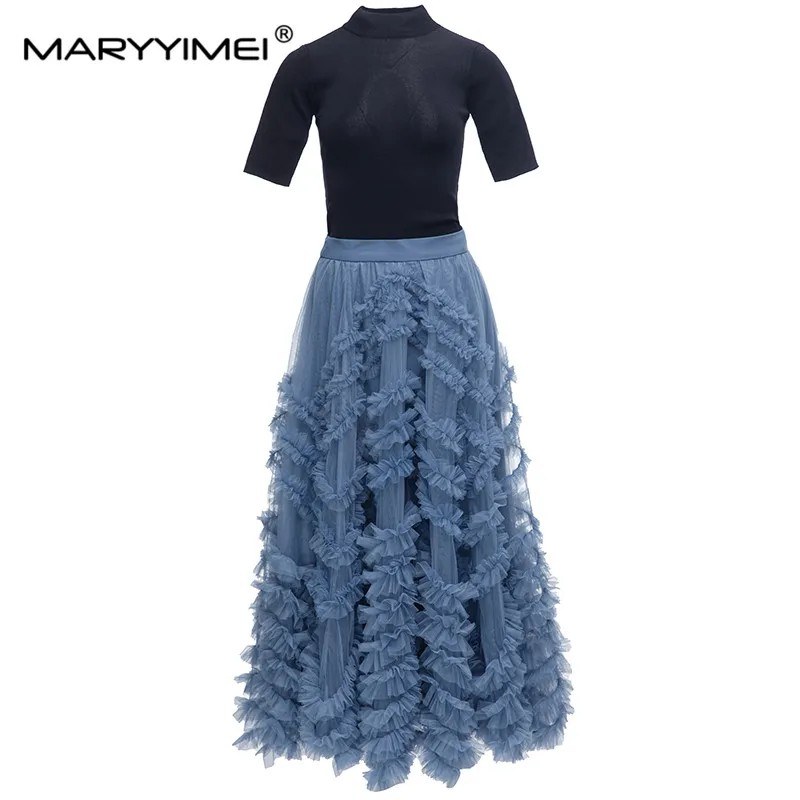

MARYYIMEI 2023, модный весенне-летний костюм для вечеринки, Джерси с коротким рукавом + многослойная юбка с оборками, комплект из двух предметов