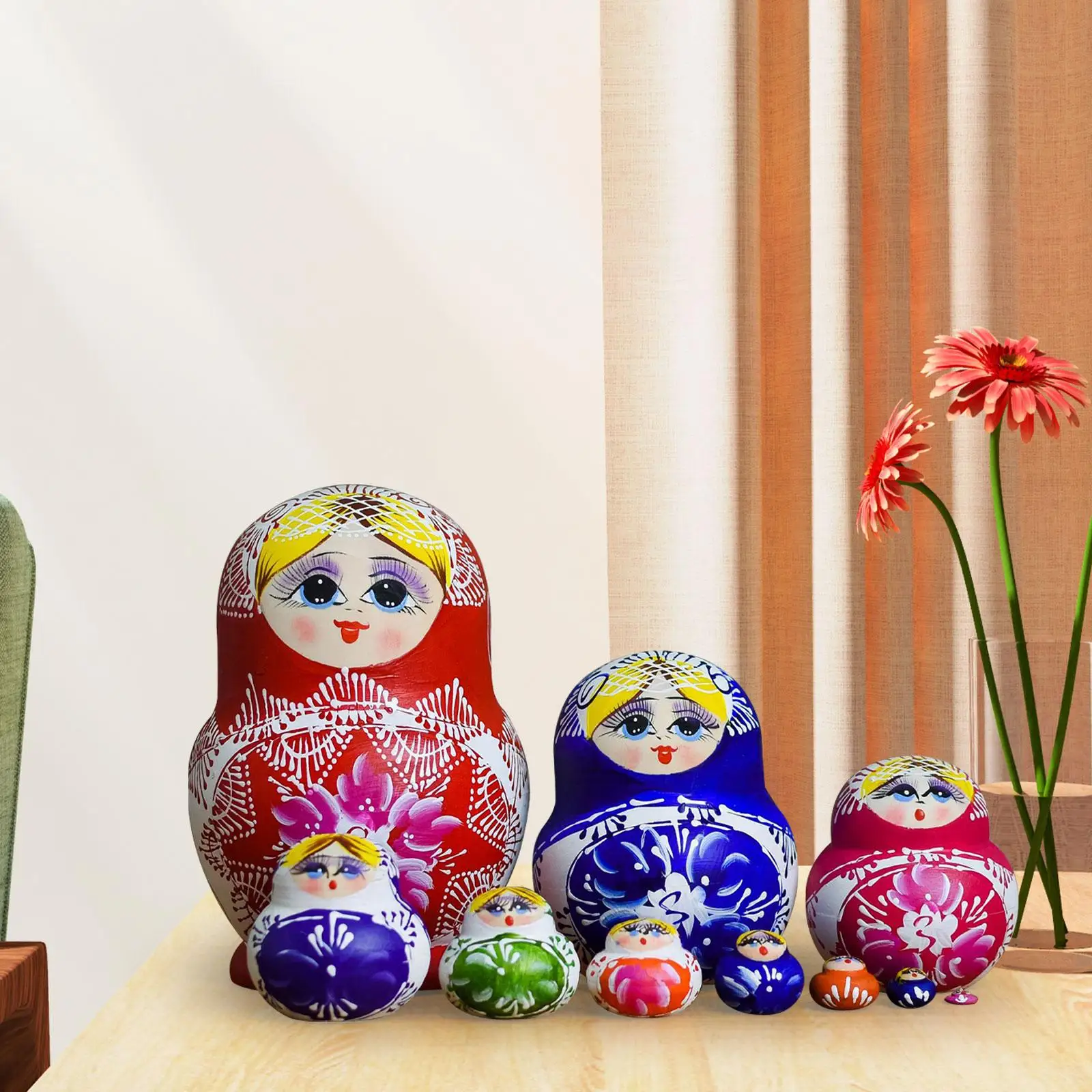 

10Pcs Wooden Russian Nesting Doll Hand Painted Handmade Matryoshka Dolls Stackable for Home Birthday Gift Table Halloween Adults