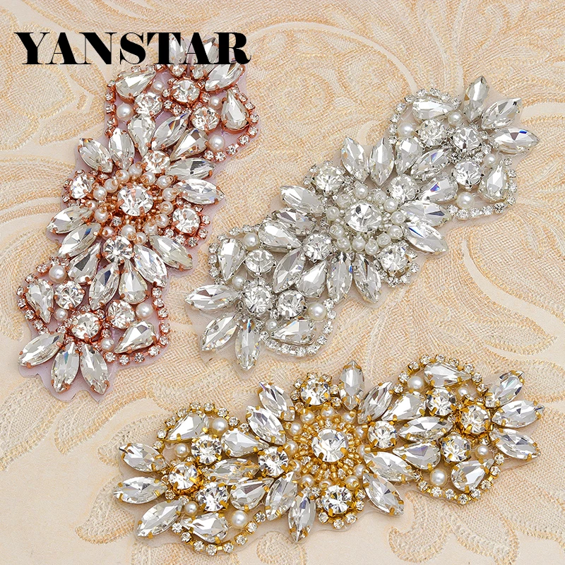 

YANSTAR 30PCS Wholesale Rhinestones Appliques Patch For Wedding Dress Belt Clear Rose Gold Crystal Iron On For Bridal Sash YS847