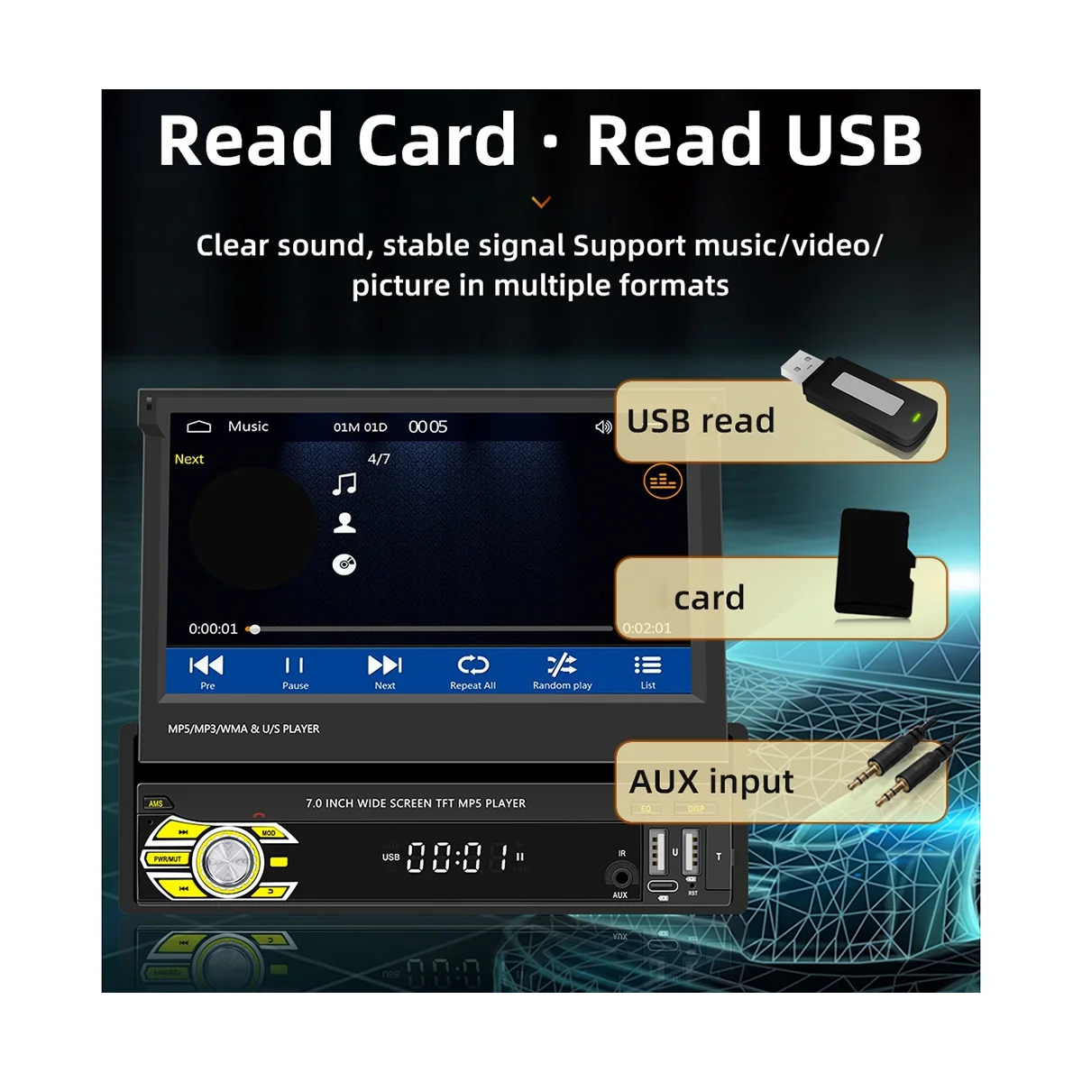 

1 Din 7-дюймовый автомобильный выдвижной экран беспроводной CarPlay Android автомобильное портативное радио Bluetooth MP5 FM-приемник хост