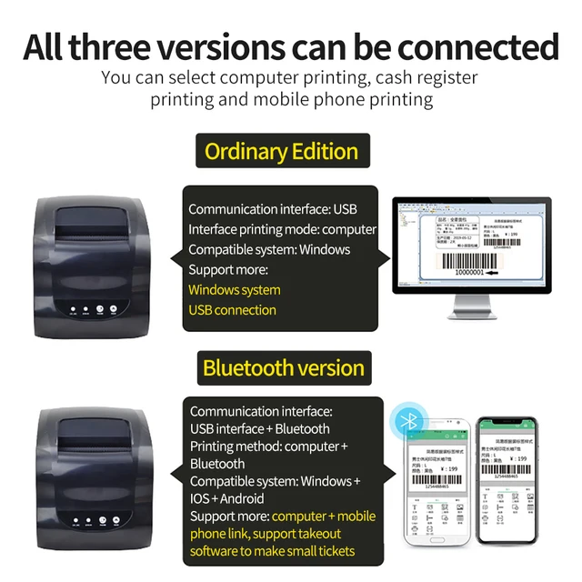 Xprinter 80mm Thermal Label Printer 20mm-80mm Barcode Sticker Printer Bluetooth Printer 365B 370B 330B LAN Bluetooth USB 2