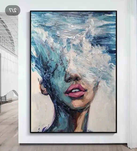 Hand Painted Abstract Women Portrait Oil Painting Artwork Handmade Nordic Light Blue Girl