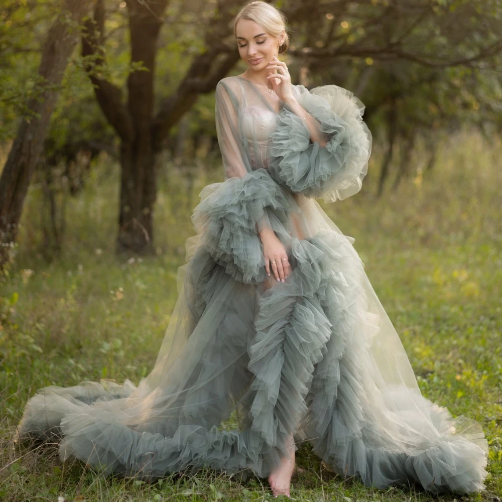 

Sage Green A Line Maternity Gowns for Photoshoot Sexy Puffy Ruffles Pregnant Women Baby Shower Long Sleeves Front Split Robes