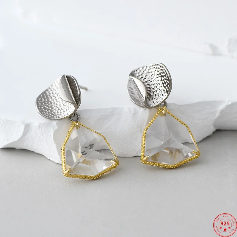 

S925 Sterling Silver Charms Studs Earrings for Women New Fashion Contrast Colored Geometric Crystal Ear Studs Free Shipping