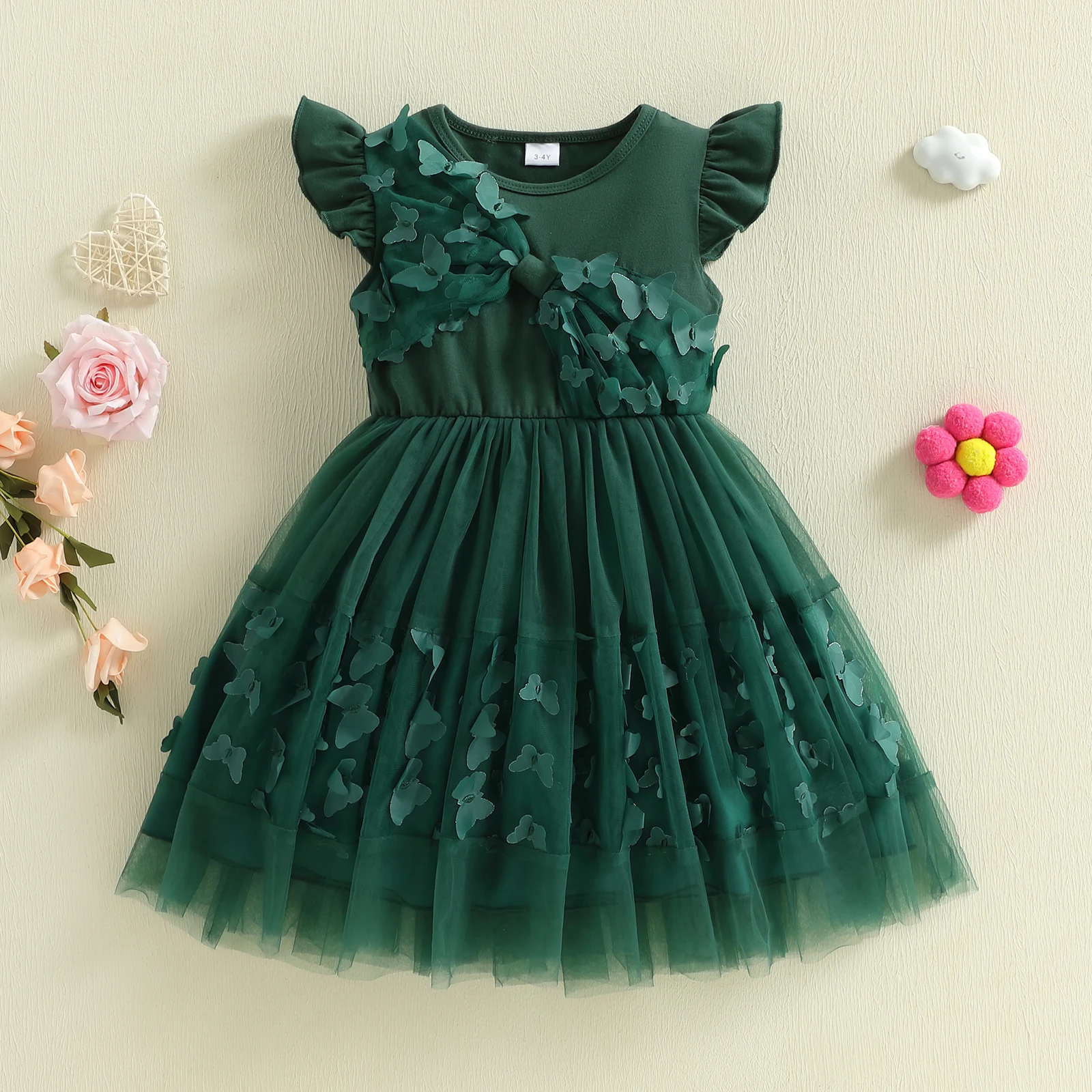 Adorable Baby Girl Summer Dress with A-Line Silhouette Butterfly Embellishments Crew Neck and Fluttery Mesh Sleeves