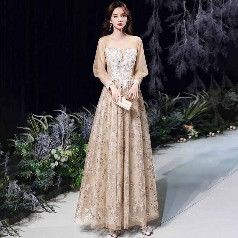 

Evening Dress Champagne Appliques Sequins Floor-Length Full Sleeves O-Neck Luxurious New A-Line Woman Formal Party Gown A2541