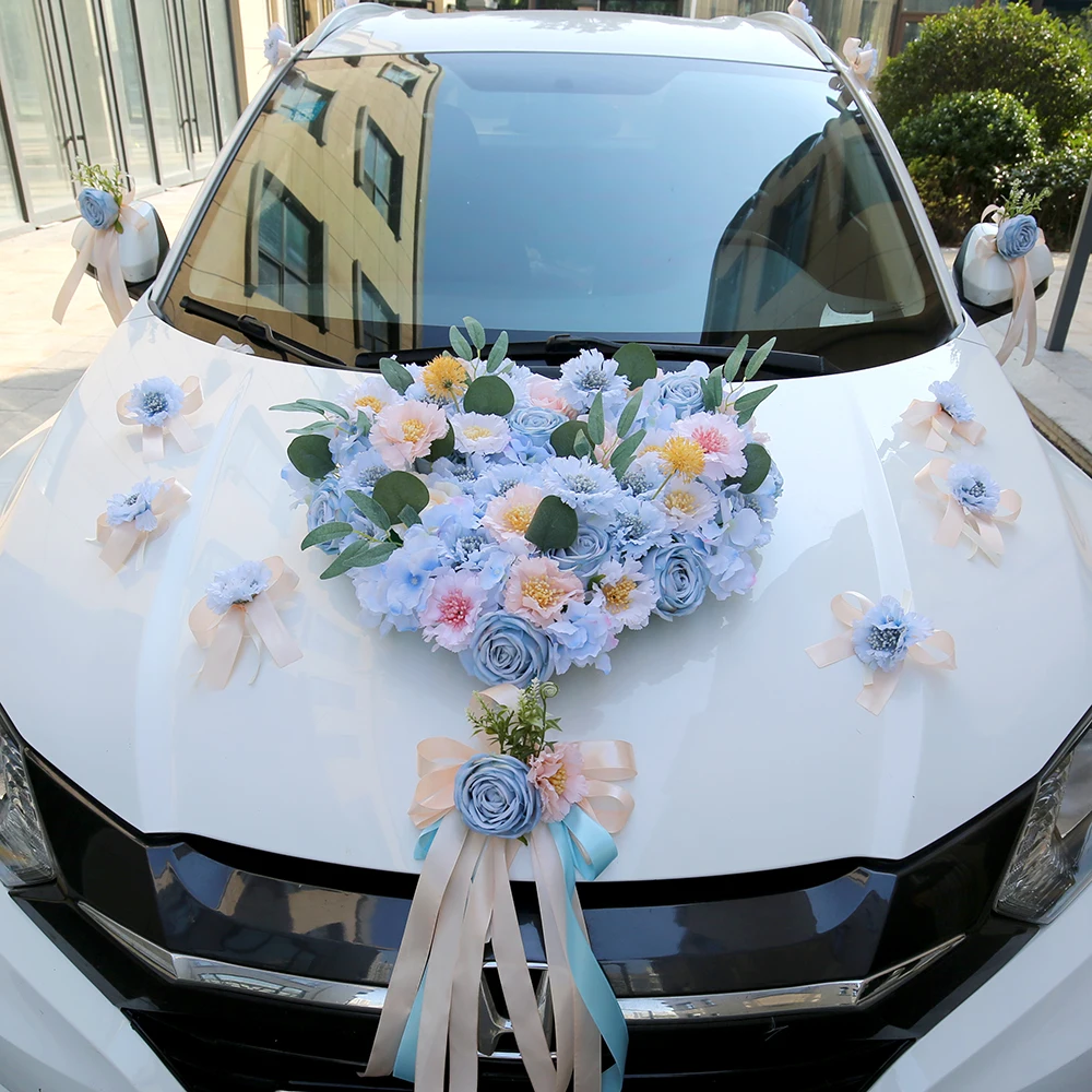 

Blue Color Wedding Flower Decoration Fleet Flower Main Artificial Head Car Mirror Handle Flower Simulation Wedding Car Decor