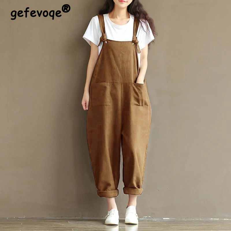 Autumn Winter Street Style Oversized Pants Loose Casual Pockets Cotton Rompers Women Trend Fashion All-match Jumpsuit Trousers