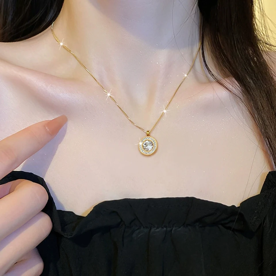 ZAKOL Shiny Crystal Zircon Round Pendant Necklace Earrings for Women Exquisite Stainless Steel Chain 2 Pcs Jewelry Set 3
