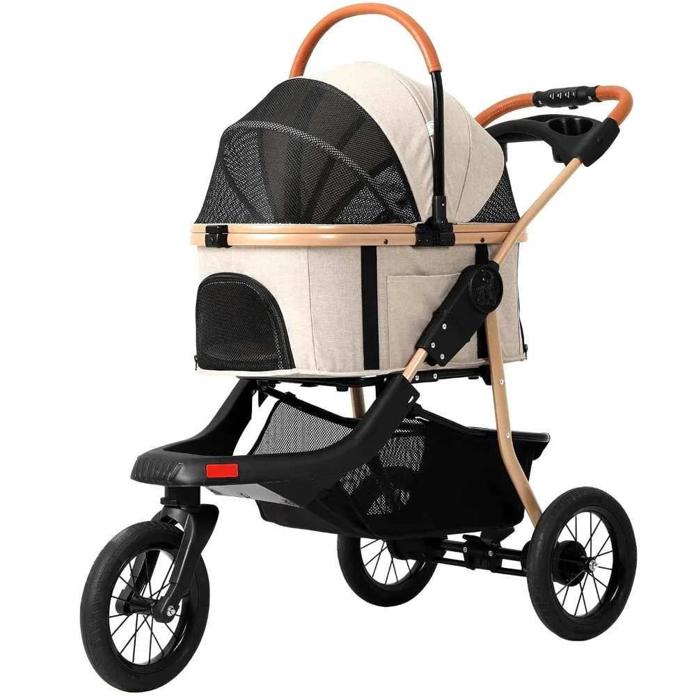 MSmask Pet Stroller, Premium 3-in-1 Large Dog Stroller for Cats/Dogs with Detachable Carrier, Zipperless Dual Entry, Foldable