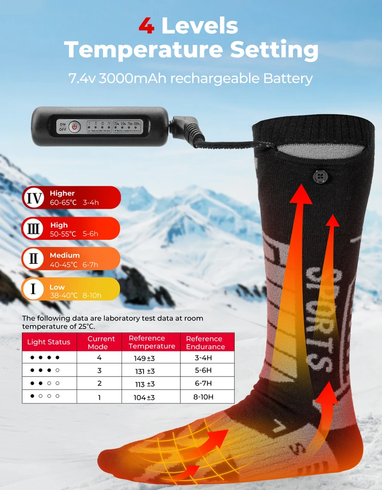 KEMIMOTO Calze Riscaldabili Elettriche Con Telecomando, Batterie Ricaricabili 2600 MAh Incluse, 3 Livelli Temperatura, Per Sci, Caccia, Uomo E Donna
