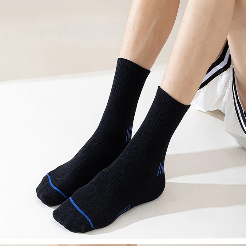 5 Pairs Running Socks Men Sports Ankle Socks Black Withe Cushion Casual Athletic Mid-calf Breathable Stripe Cotton