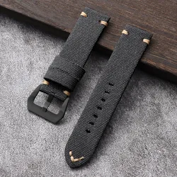 Universal Nylon Leather Denim Canvas Sport Watch Band - Business & Military Style Woven Wristband - 22mm (Black - Black)