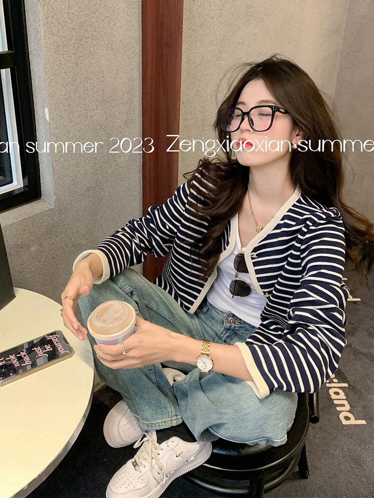 Women's Fashion Spring Wear Outer Female Chic Casual Retro Commuter Top Short Striped Cardigan