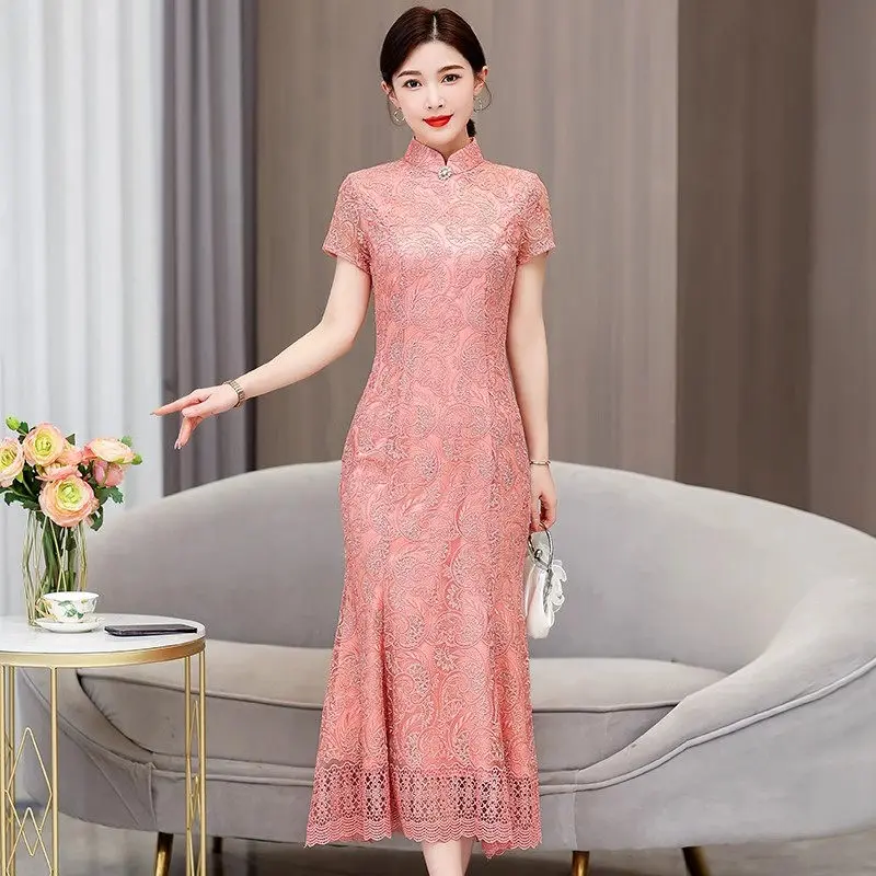 

New Chinese Style Improved Qipao Elegant Evening Dress 2023 Summer Fashion Retro Lace Dress Slim Ladies Banquet Vestidos Z1666