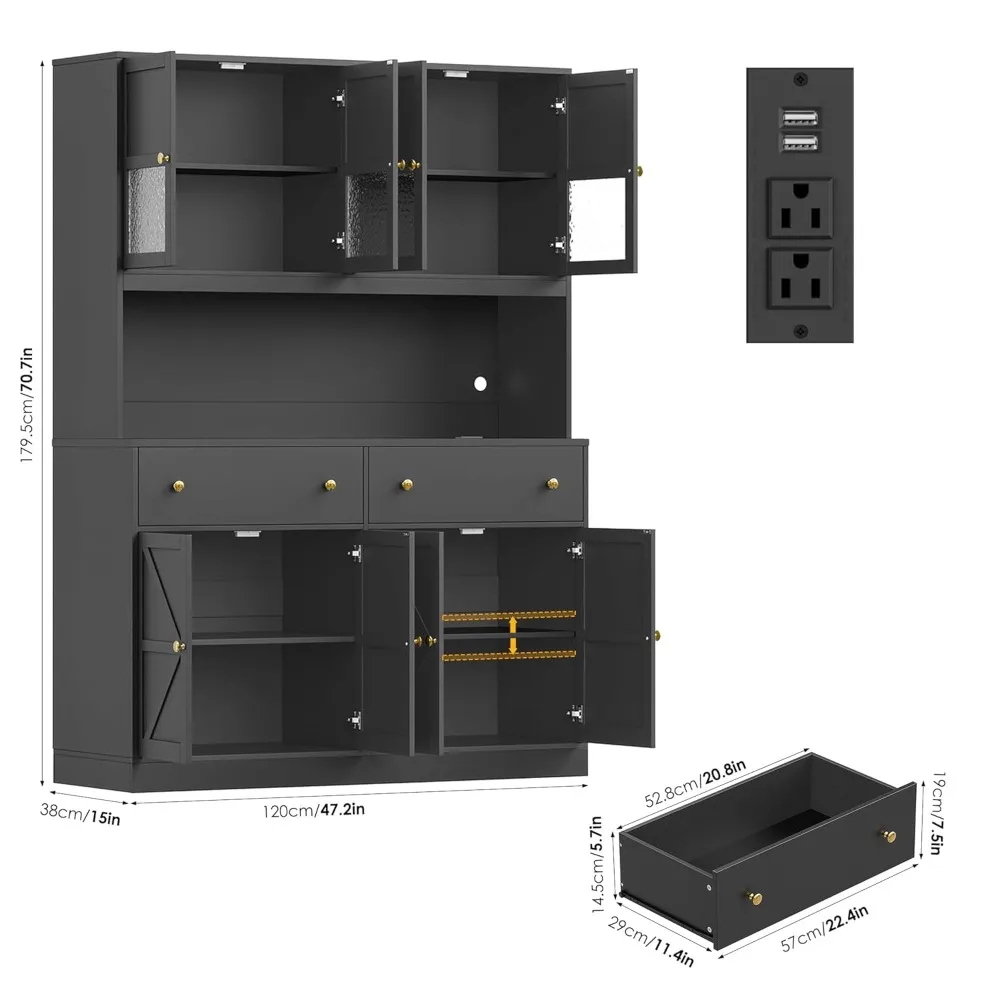 71" Pantry Cabinet with LED Light and Charging Station, Farmhouse Kitchen Pantry Cabinet with Microwave Stand, Customized 3