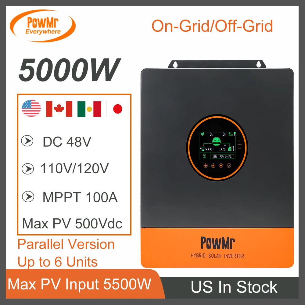 

PowMr 5KW Solar Hybrid Power Inverter 48Vdc to 110V/120Vac On-Grid Three Phase Inverter With 100A MPPT Solar Charger Controller