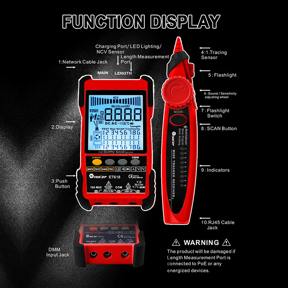 TOOLTOP Network Cable Tester LCD Analogs Digital Search POE Test Cable Pairing Sensitivity Short Open Circuit