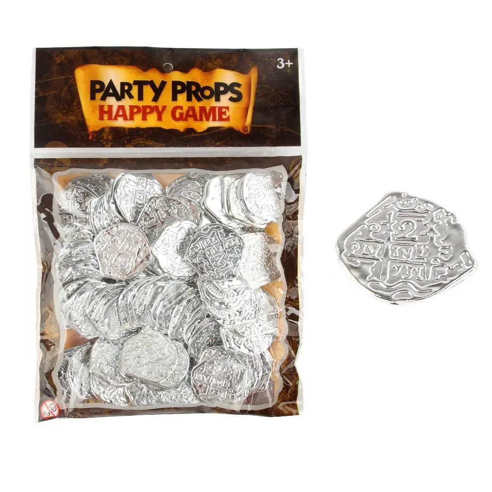 100PCS Halloween Pirate Treasure Coins Gold Silver 3.7*3.5cm Plastic Game Currency Toy Coins Photo Props Festival Ornament