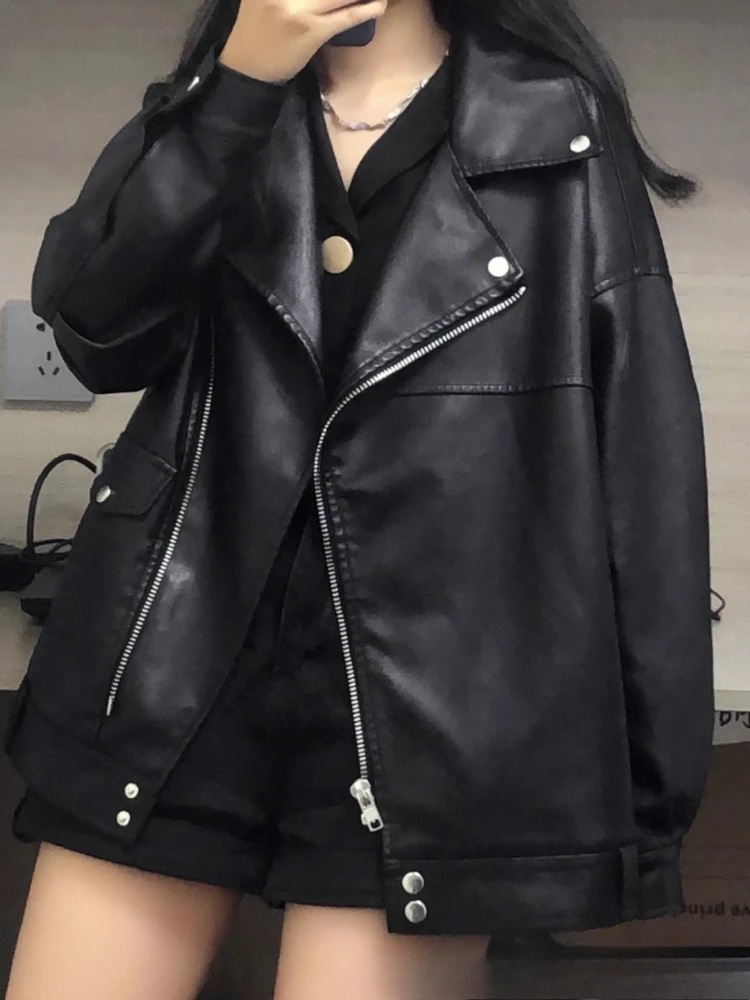 Vestes en similicuir PU noir pour femmes, style motard européen, couleur unie, coupe oversize décontractée