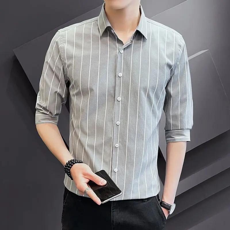 Thin Business Casual Spring Summer Loose Formal Striped Button Long Sleeve Pockets Turn-down Collar Men's Clothing Temperament