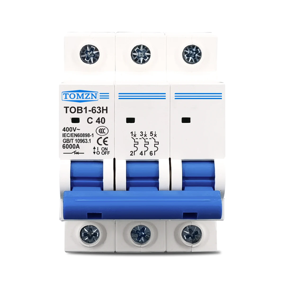 AC MCB TOB1-63 C 타입 미니 회로 차단기, 3P, 230 V, 400V 50HZ, 60HZ, 3A, 6A, 10A, 16A, 20A, 25A, 32A, 40A, 50A, 63A