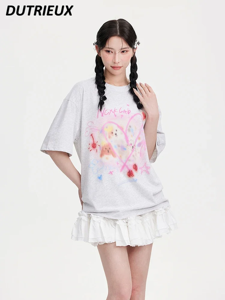 

Женские топы, летняя футболка в японском стиле с милым принтом граффити, футболка с коротким рукавом, свободная универсальная Повседневная футболка с круглым вырезом